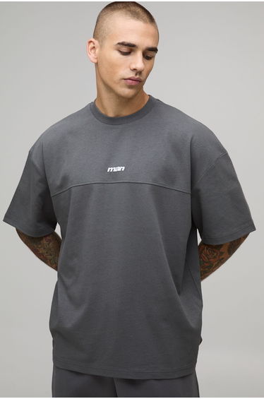 Oversized Heavyweight Panelled Man Sport Embroidered T-Shirt - charcoal