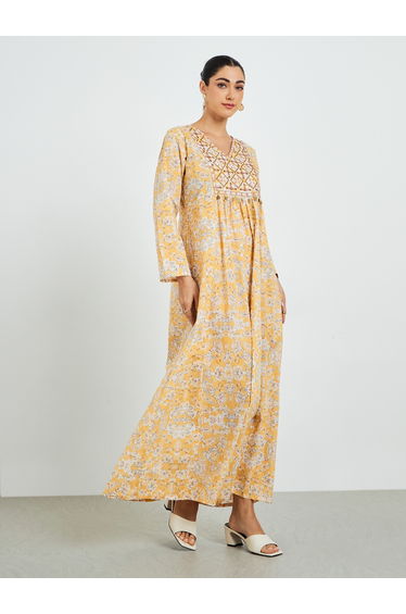 Yellow Floral Printed Embroidered A-Line Jalabiya
