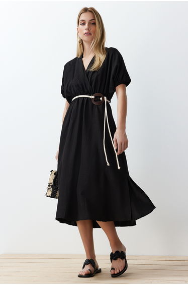 Black Straight A-line Double Breasted Collar Balloon Sleeve Belt Detailed Lily Dress