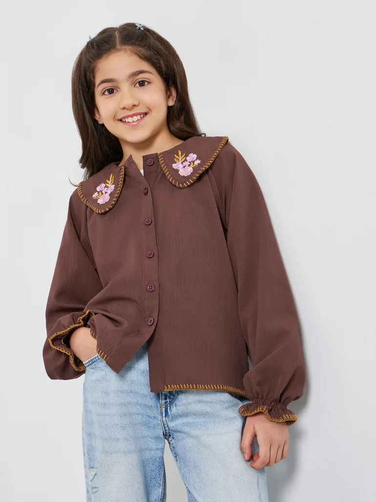 Girls Embroidered Collar Brown Cotton Shirt - 1
