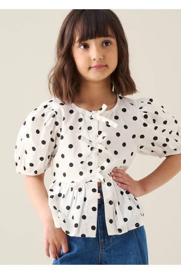 Amber Polka Dot Tie Front Top