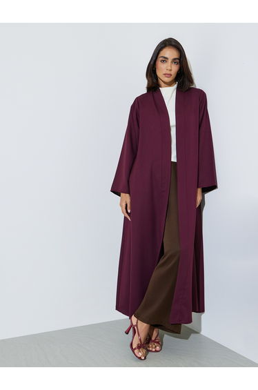 Burgundy Solid Front Open Abaya