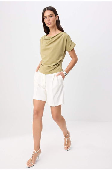 Oil Green Premium Lyocell Content Soft Knitted Blouse with Degaje Collar Stone Detail