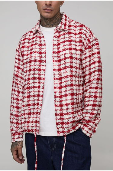 Tall Oversized Boucle Bungee Hem Check Overshirt - red