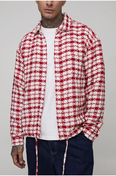 Tall Oversized Boucle Bungee Hem Check Overshirt - red