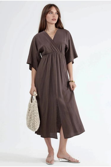 BUSEM V-Neck Midi Wrap Dress with Three Quarter Sleeves