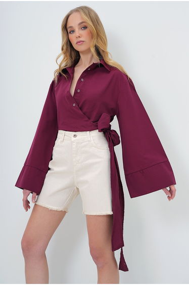 Women's Claret Red Wide Cuffed Sleeve Detail Tie Front Poplin Shirt