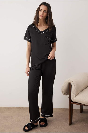 Black Plain Piping Satin Woven Pajama Set