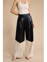 Faux Leather Linen High Waist Patchwork Trousers - 7