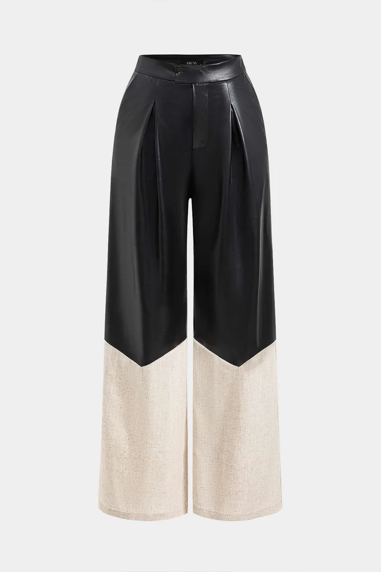 Faux Leather Linen High Waist Patchwork Trousers - 1