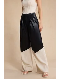 Faux Leather Linen High Waist Patchwork Trousers - 9