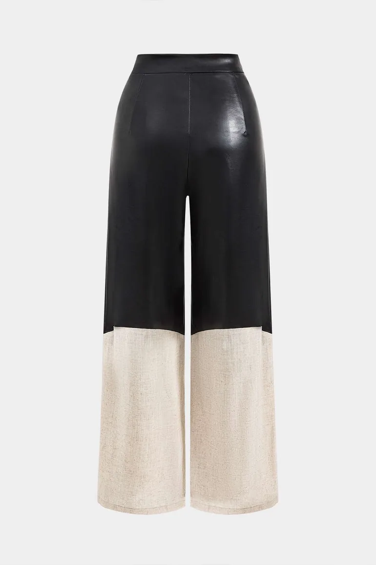 Faux Leather Linen High Waist Patchwork Trousers - 2