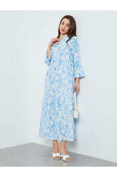 Women Floral Printed Open Collar Pleated Midi Dress