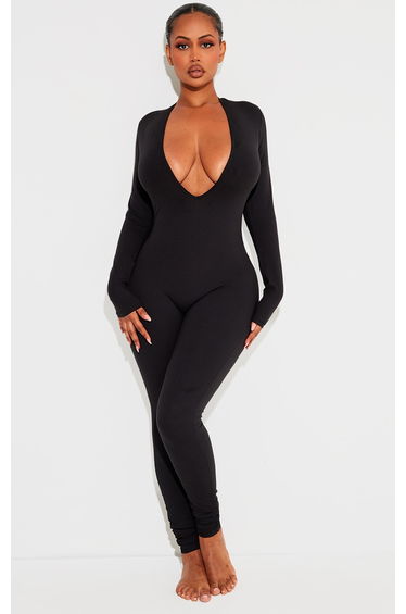 Shape Black Sculpted Long Sleeve Plunge Front Jumpsuit