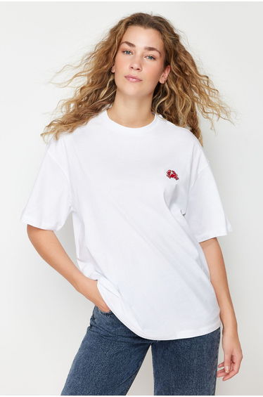 White 100% Cotton Embroidered Oversize/Wide Fit Crew Neck Knitted T-Shirt