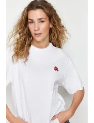 White 100% Cotton Embroidered Oversize/Wide Fit Crew Neck Knitted T-Shirt - 2