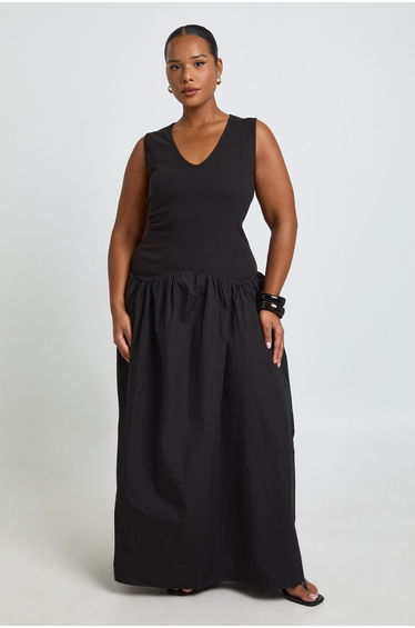 Plus Rib Cotton Mix Dropped Hem Maxi Dress - black