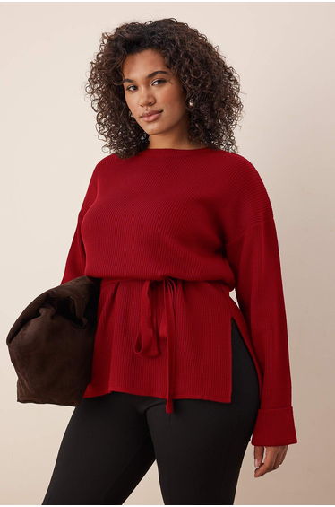 Red Belted Long Knit Sweater
