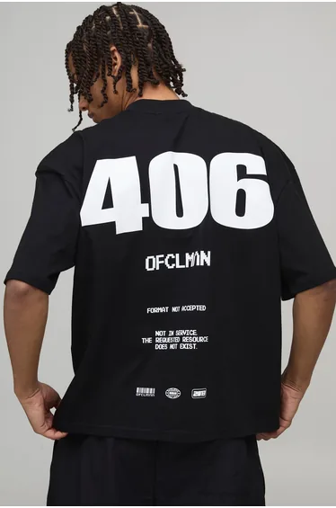 Oversized Boxy Extended Neck 404 Error T-Shirt - black