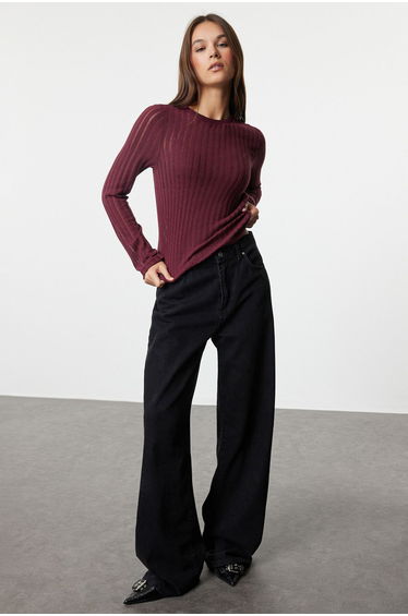Claret Red Transparent Knitwear Look Fabric Regular Length Crew Neck Knitted top