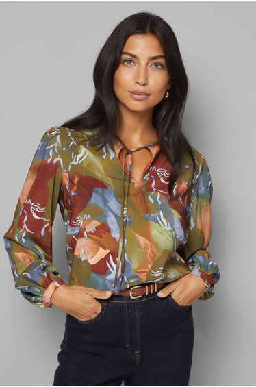 Abstract Print Tie Blouse