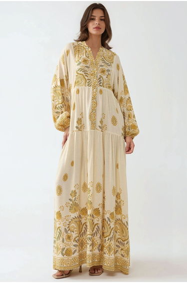Printed V-neck Maxi Dress with Button Detail