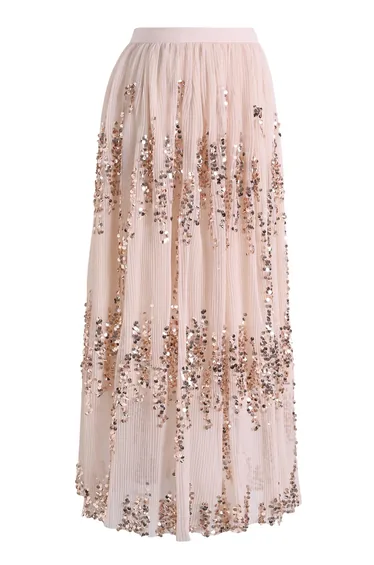 Glamorous Sequin Pleated Mesh Maxi Skirt in Apricot for Cocktail Parties & Date Nights