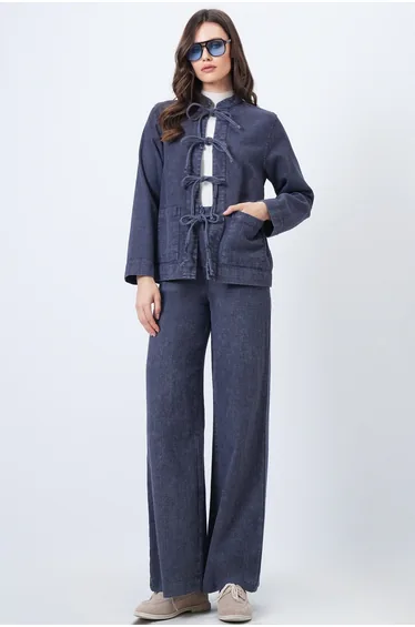 Women's Navy Blue Textured Lace-Up Detailed Jacket and Wide-Leg Pants Set