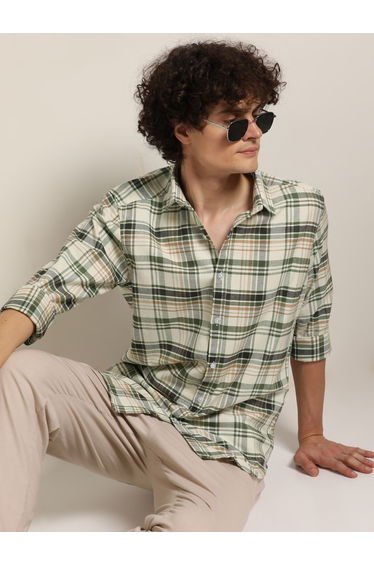 Men Green Checked Casual Shirt