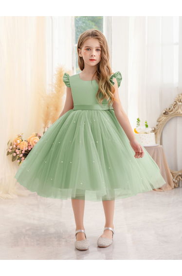Ruffled Mesh Pearls Detail Fit and Flare Dress