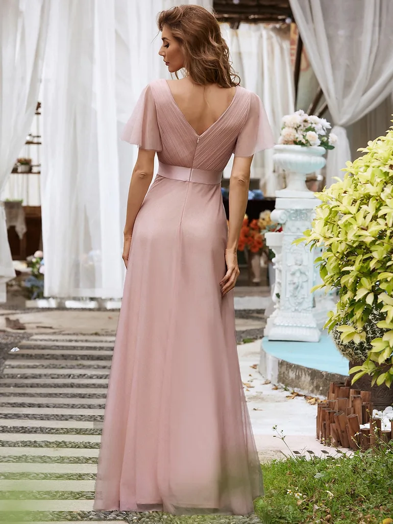 pretty MISTE|Women's Floor-Length Plus Size Formal Bridesmaid Dress with Short Sleeve - 2