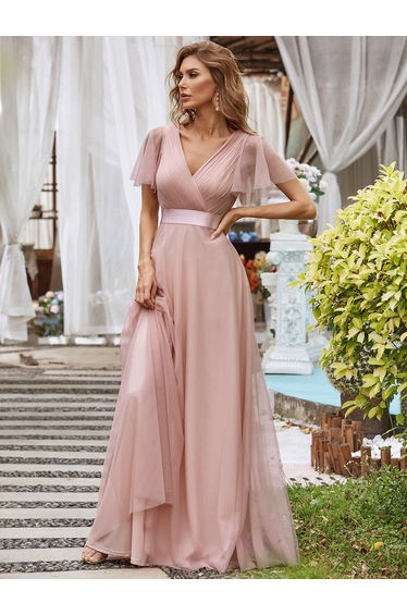 pretty MISTE|Women's Floor-Length Plus Size Formal Bridesmaid Dress with Short Sleeve