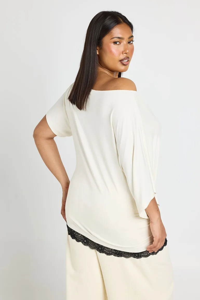 Plus Off The Shoulder Lace Trim T-shirt - ecru - 1