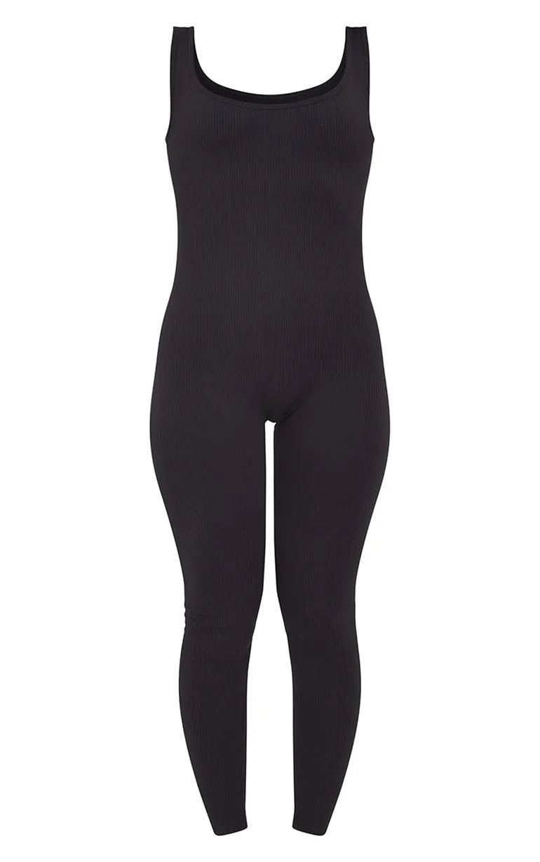 Black Structured Contour Ribbed Scoop Neck Jumpsuit - 4