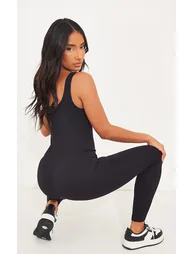 Black Structured Contour Ribbed Scoop Neck Jumpsuit - 1