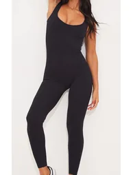 Black Structured Contour Ribbed Scoop Neck Jumpsuit - 3