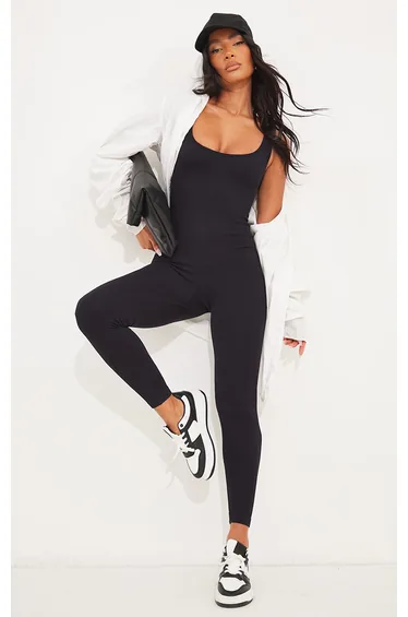 Black Structured Contour Ribbed Scoop Neck Jumpsuit