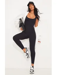 Black Structured Contour Ribbed Scoop Neck Jumpsuit