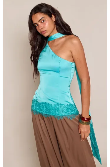 Aqua Lace Contrast Satin Scarf Detail Top