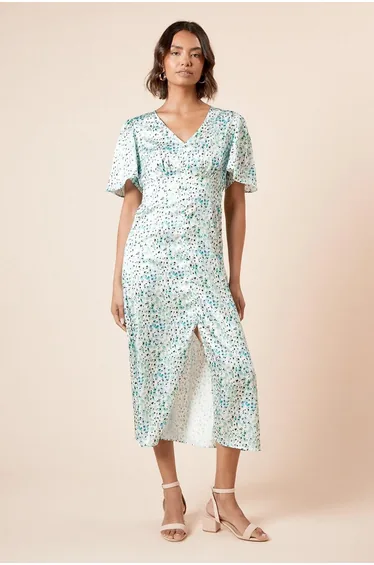 فستان ميدي بياقة V بأكمام إينجيل