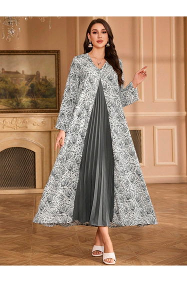 Floral Print Pleated Detail A-Line Maxi Jalabiya
