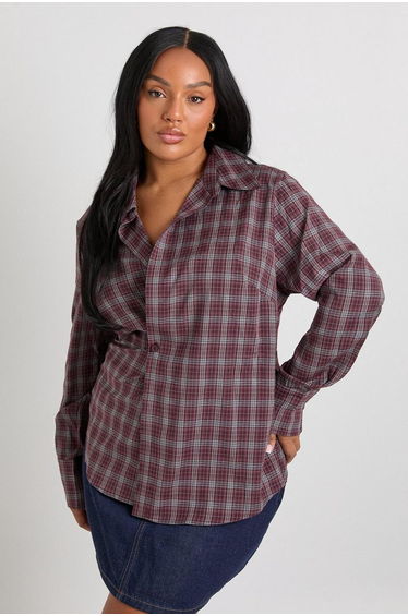 Plus Check Wrap Shirt - maroon