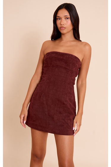 Wine Faux Suede Bandeau Mini Bodycon Dress