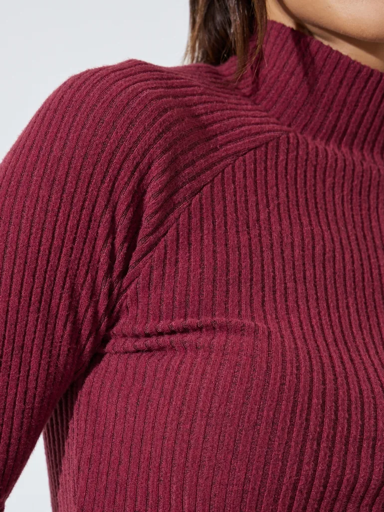 Burgundy Ribbed High Neck Knit Top - 2