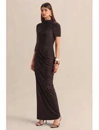 Lunaline | Brown High-Neck Maxi Dress With Asymmetric Cape And Draped-Detailing - 4