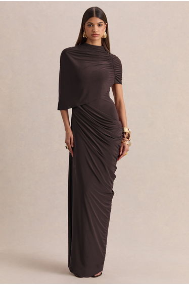 Lunaline | Brown High-Neck Maxi Dress With Asymmetric Cape And Draped-Detailing