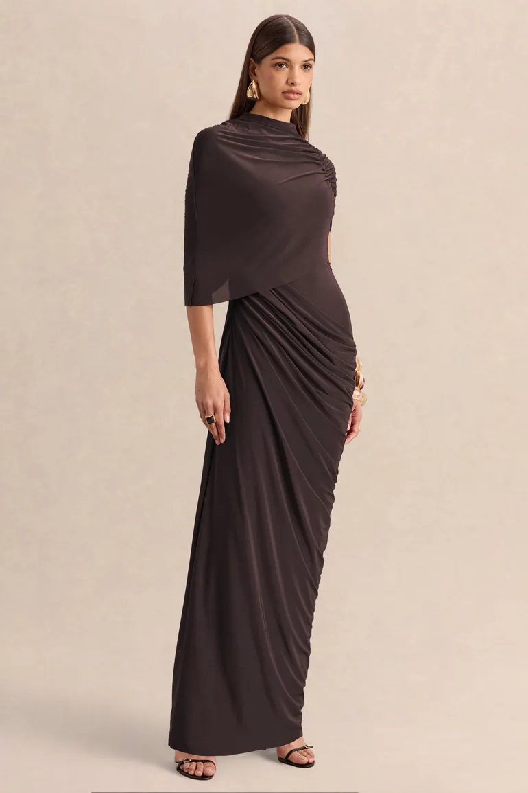 Lunaline | Brown High-Neck Maxi Dress With Asymmetric Cape And Draped-Detailing - 3