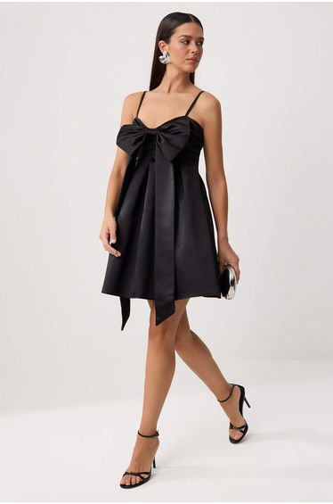Prom. Black Plain Woven Taffeta Short / Mini Lined Dress