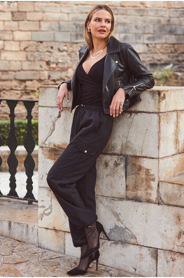 Black Parachute Pants With Drawcord Detail
