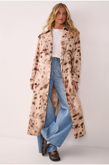 Cow Print Faux Leather Trench Coat